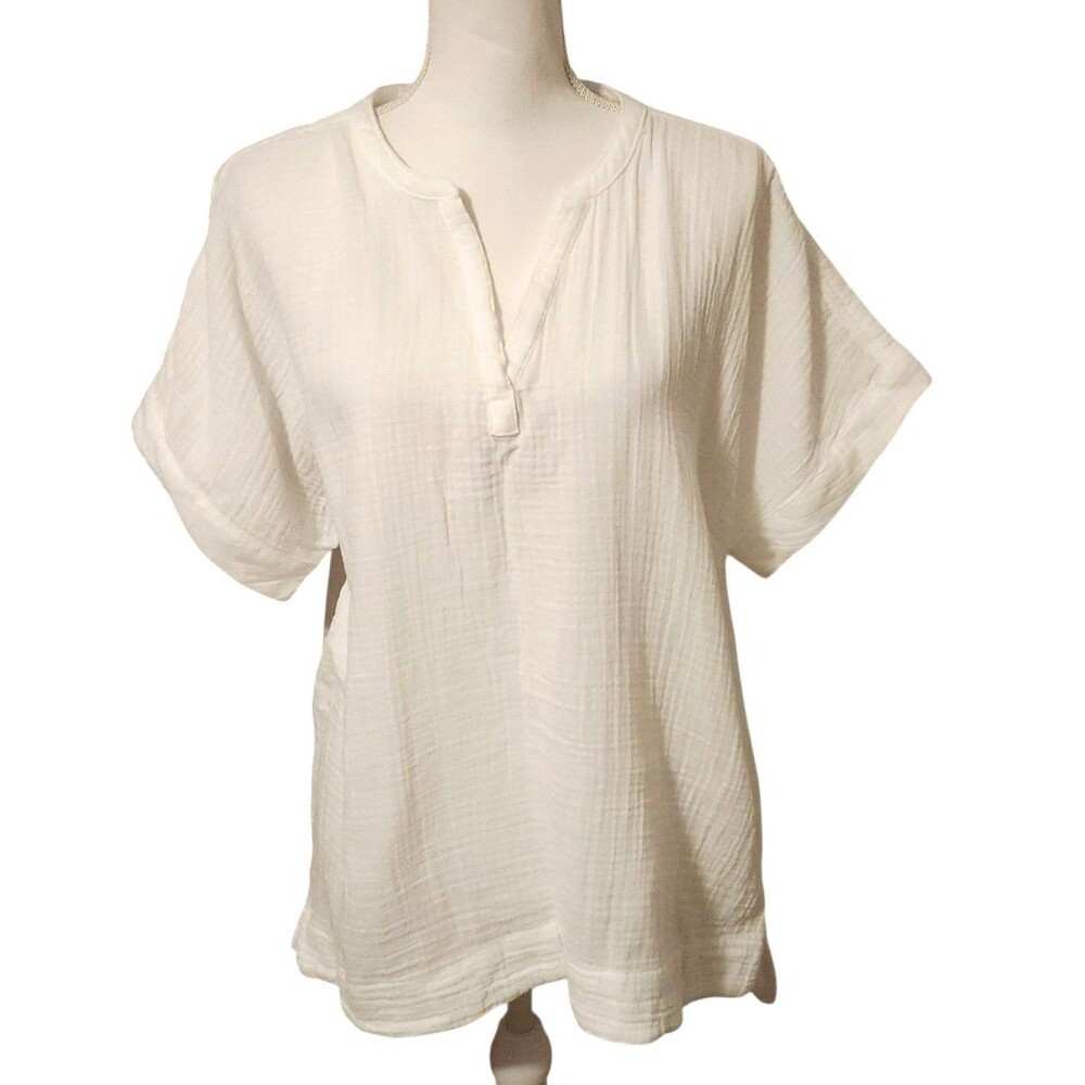LL Bean Double Gauze White Cotton Pop -Over Top V-Neck Womens Size XL Coastal